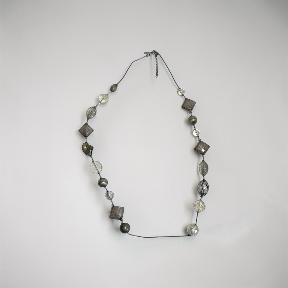 NY Beaded Station Necklace 36" Adjustable Grey Silver Long Mixed Shape Art